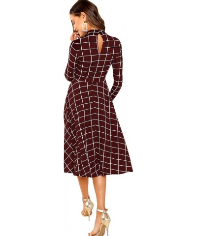 Women's High Neck Plaid Fit and Flare Midi Dress Burgundy $22.56 Dresses