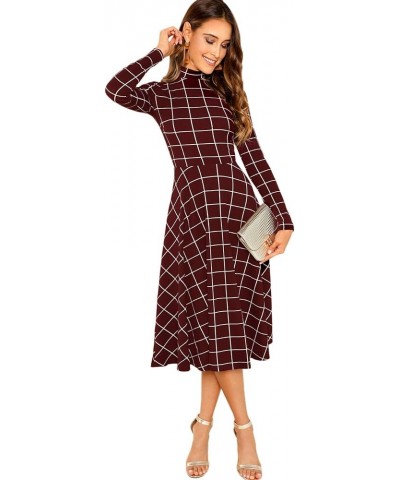 Women's High Neck Plaid Fit and Flare Midi Dress Burgundy $22.56 Dresses