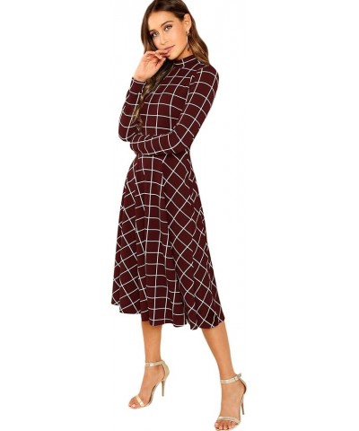 Women's High Neck Plaid Fit and Flare Midi Dress Burgundy $22.56 Dresses