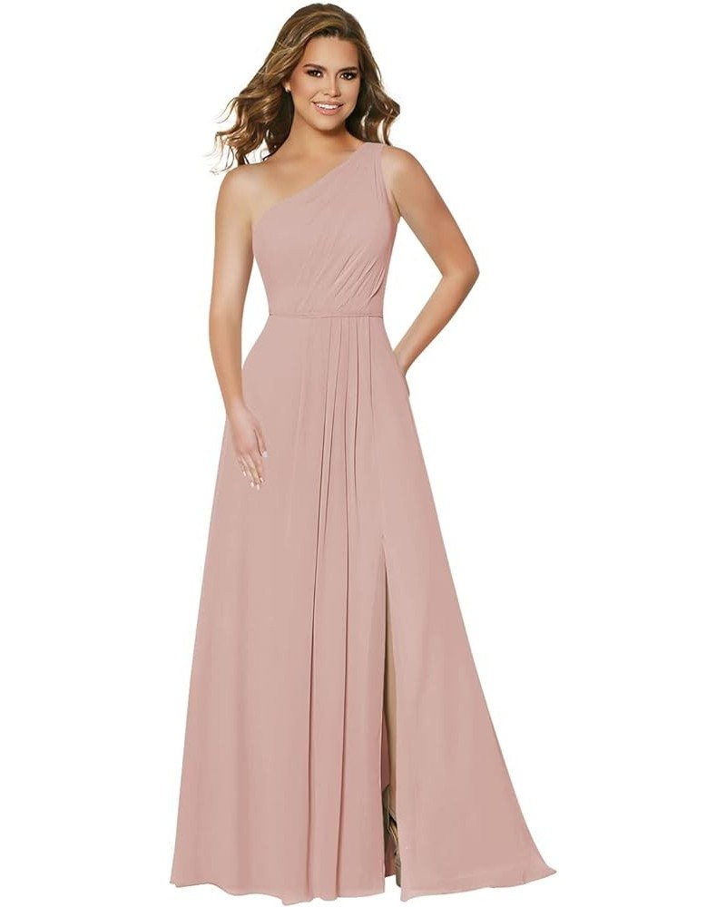 Women's One Shoulder Bridesmaid Dresses Long with Slit Ruched Chiffon Formal Party Dress with Pockets CM070 Dusty Rose $28.16...