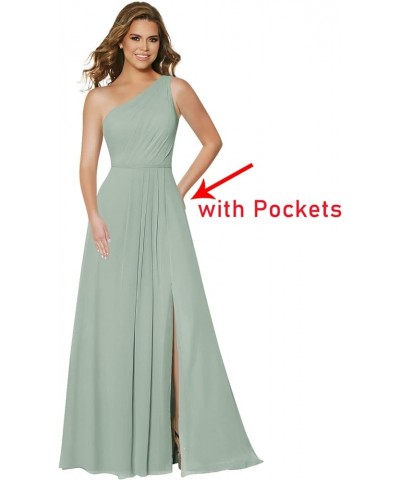 Women's One Shoulder Bridesmaid Dresses Long with Slit Ruched Chiffon Formal Party Dress with Pockets CM070 Dusty Rose $28.16...