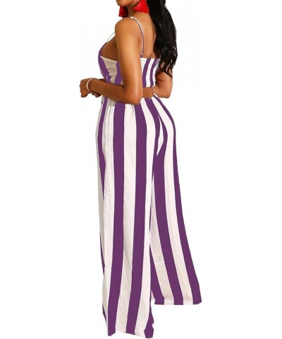 Women's Casual Straps Rompers Sexy Adjustable Sleeveless Straight High Waist Plain Jumpsuits Purple Stripes $16.51 Dresses