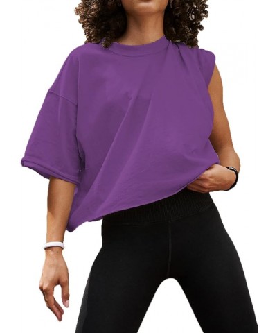 Women's Oversized Crop Tops Roll Hem Half Sleeve T-Shirts Drop Shoulder Casual Summer Tops Purple $11.19 T-Shirts