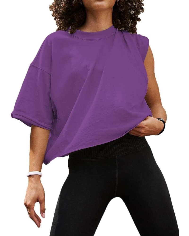 Women's Oversized Crop Tops Roll Hem Half Sleeve T-Shirts Drop Shoulder Casual Summer Tops Purple $11.19 T-Shirts