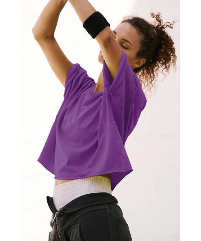 Women's Oversized Crop Tops Roll Hem Half Sleeve T-Shirts Drop Shoulder Casual Summer Tops Purple $11.19 T-Shirts