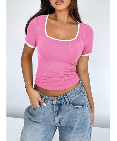 Womens Summer Short Sleeve T Shirts Ribbed Knit Square Neck Color Block Slim Fitted Basic Casual Tops Blouses Light Pink $12....