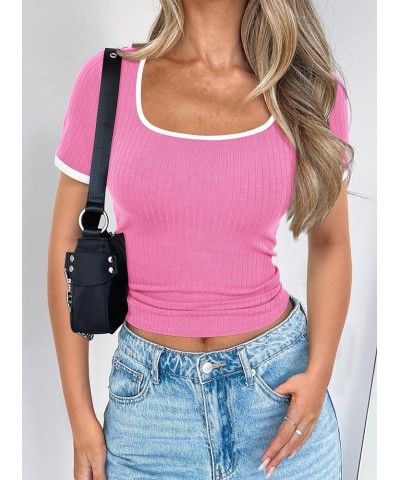 Womens Summer Short Sleeve T Shirts Ribbed Knit Square Neck Color Block Slim Fitted Basic Casual Tops Blouses Light Pink $12....