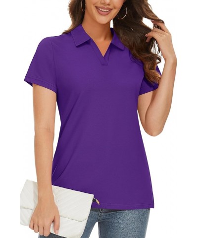 Women's Polo Shirts V-Neck Cotton Short Sleeve Tops Collared Golf Shirt Wicking Lightweight Casual Polos Purple $14.39 Shirts