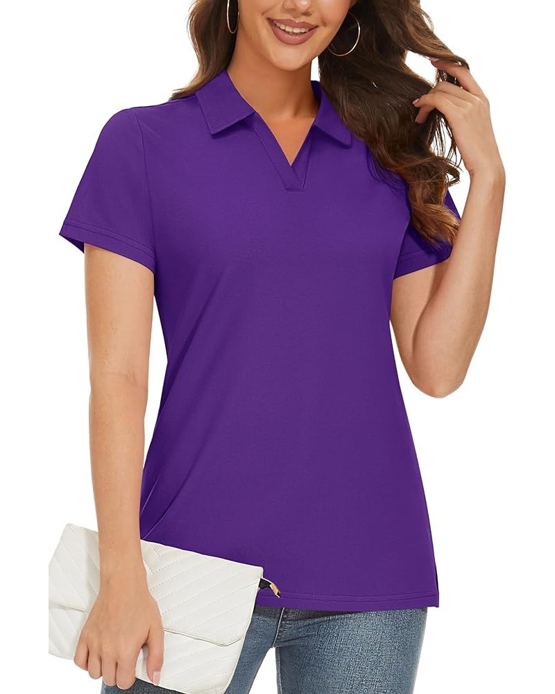 Women's Polo Shirts V-Neck Cotton Short Sleeve Tops Collared Golf Shirt Wicking Lightweight Casual Polos Purple $14.39 Shirts