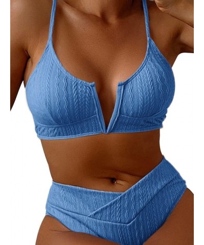 Women's V Cut High Waisted Bikini Ribbed V-Wired Cami Two Pieces Swimsuit Blue $17.33 Swimsuits