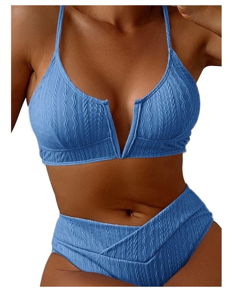 Women's V Cut High Waisted Bikini Ribbed V-Wired Cami Two Pieces Swimsuit Blue $17.33 Swimsuits