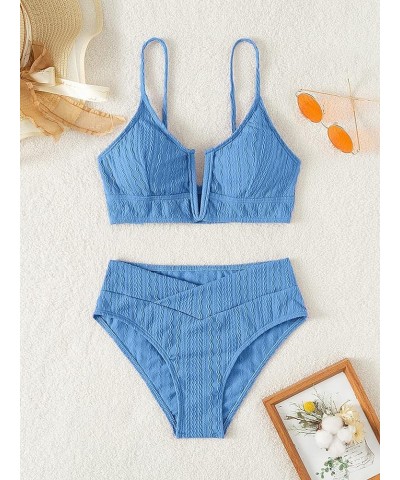 Women's V Cut High Waisted Bikini Ribbed V-Wired Cami Two Pieces Swimsuit Blue $17.33 Swimsuits