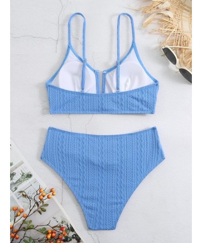 Women's V Cut High Waisted Bikini Ribbed V-Wired Cami Two Pieces Swimsuit Blue $17.33 Swimsuits