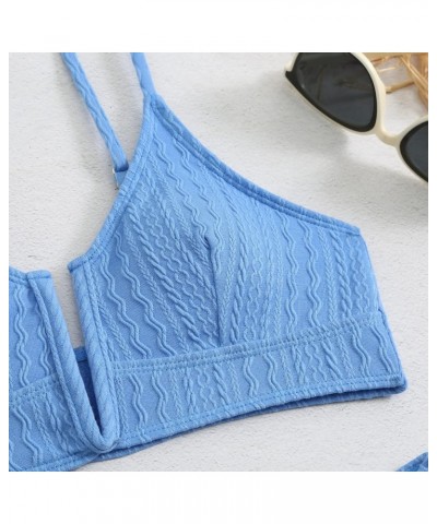 Women's V Cut High Waisted Bikini Ribbed V-Wired Cami Two Pieces Swimsuit Blue $17.33 Swimsuits