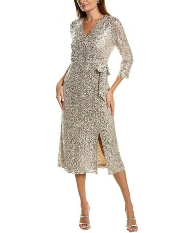 Women's Long Sleeve Faux Wrap Sequin Midi Dress Silver $43.97 Dresses