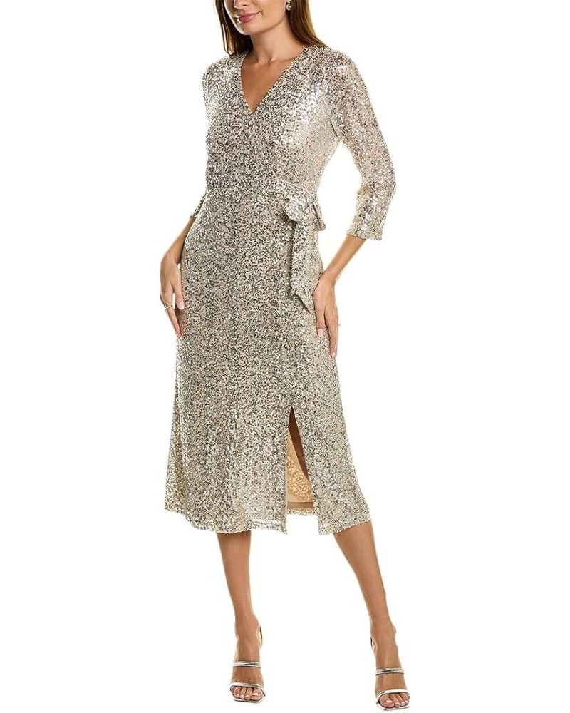 Women's Long Sleeve Faux Wrap Sequin Midi Dress Silver $43.97 Dresses