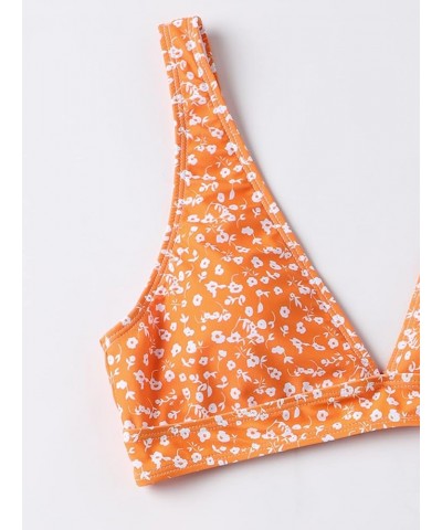 Women's High Waist Bikini Swimsuit Floral Print V Neck Bathing Suit Orange $17.04 Swimsuits