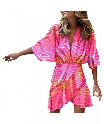 2023 Fall Women Bohemian Floral Dress Deep V Neck Ruffle Swing A Line Dress 3/4 Sleeve Beach Halloween Dress &01-hot Pink $16...