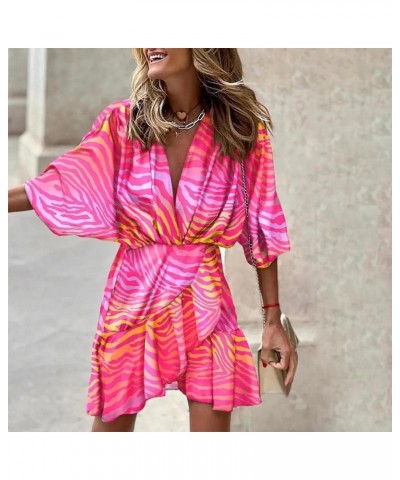 2023 Fall Women Bohemian Floral Dress Deep V Neck Ruffle Swing A Line Dress 3/4 Sleeve Beach Halloween Dress &01-hot Pink $16...