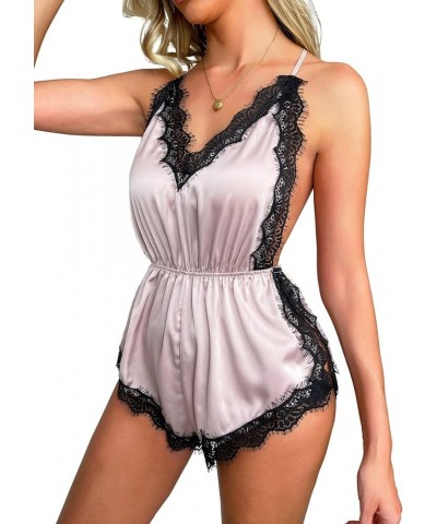 Women's Floral Print Night Romper Lace Trim High Cut Lingerie Chemise Nightgown Black and Pink $13.02 Sleep & Lounge