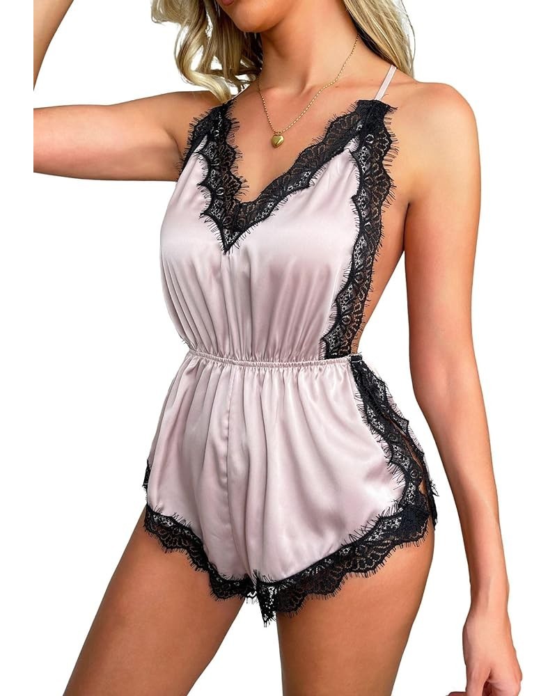 Women's Floral Print Night Romper Lace Trim High Cut Lingerie Chemise Nightgown Black and Pink $13.02 Sleep & Lounge