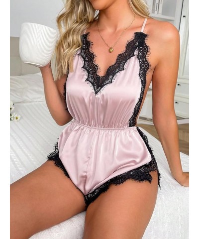 Women's Floral Print Night Romper Lace Trim High Cut Lingerie Chemise Nightgown Black and Pink $13.02 Sleep & Lounge