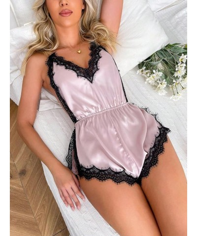 Women's Floral Print Night Romper Lace Trim High Cut Lingerie Chemise Nightgown Black and Pink $13.02 Sleep & Lounge