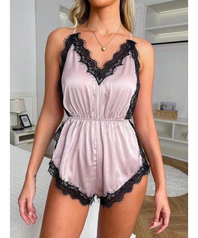 Women's Floral Print Night Romper Lace Trim High Cut Lingerie Chemise Nightgown Black and Pink $13.02 Sleep & Lounge