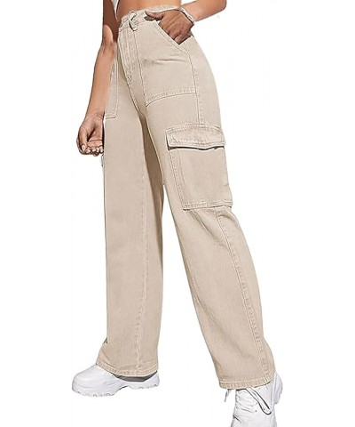 Womens Denim Cargo Pants Flap Pocket High Waisted Stretchy Straight Wide Leg Jeans 646-khaki $19.36 Jeans