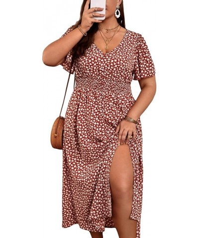 Women's Plus Size Floral Short Bell Sleeve V Neck A Line Split Summer Long Dress Multicolor $20.51 Dresses