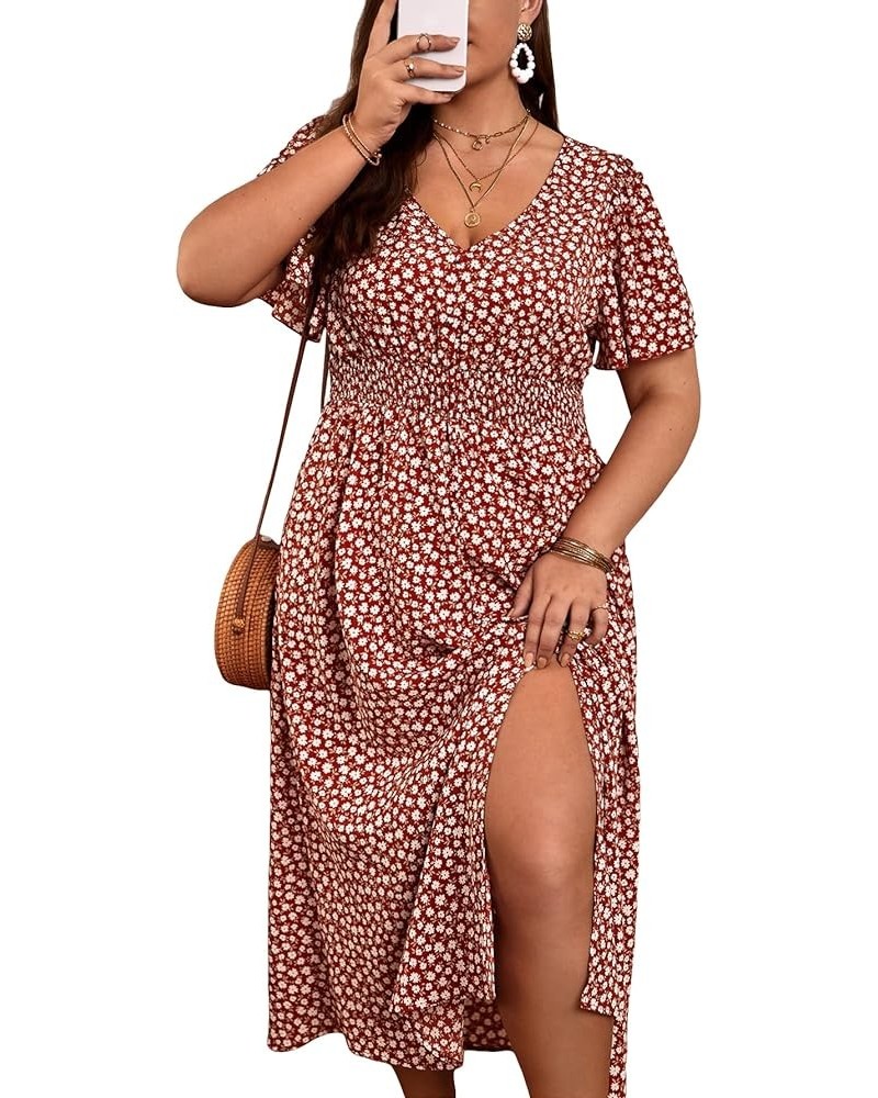 Women's Plus Size Floral Short Bell Sleeve V Neck A Line Split Summer Long Dress Multicolor $20.51 Dresses