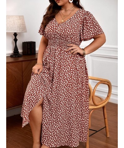 Women's Plus Size Floral Short Bell Sleeve V Neck A Line Split Summer Long Dress Multicolor $20.51 Dresses