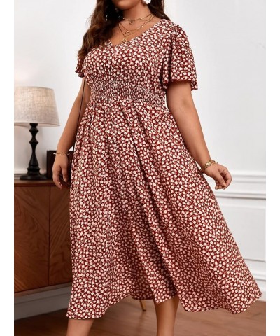 Women's Plus Size Floral Short Bell Sleeve V Neck A Line Split Summer Long Dress Multicolor $20.51 Dresses