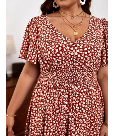 Women's Plus Size Floral Short Bell Sleeve V Neck A Line Split Summer Long Dress Multicolor $20.51 Dresses