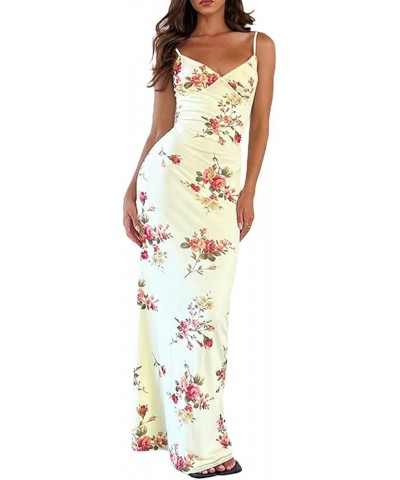 Women Backless Long Bodycon Maxi Dress Floral Print Spaghetti Strap Low Cut Square Neck Slim Fit Floor Length Dress B-apricot...