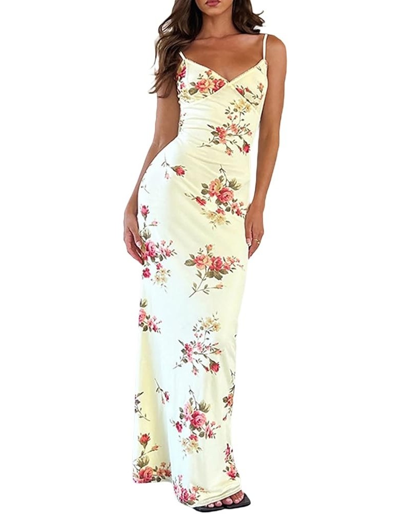 Women Backless Long Bodycon Maxi Dress Floral Print Spaghetti Strap Low Cut Square Neck Slim Fit Floor Length Dress B-apricot...