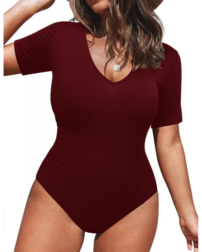 Women's Bodysuit Plus Size Short Sleeve/Sleeveless Bodysuits Scoop/V Neck Leotards Basic Top T Shirt $11.25 Bodysuits