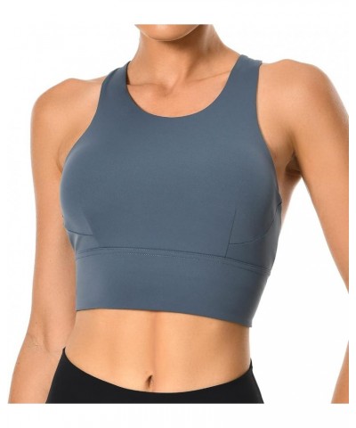 Women's Racerback Sports Bra Tank Top - Longline Crop with Medium Support and Padding Dark Denim $17.39 Tanks