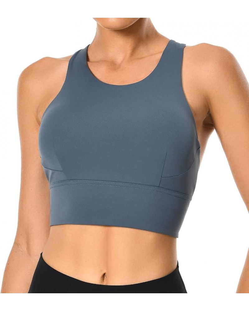 Women's Racerback Sports Bra Tank Top - Longline Crop with Medium Support and Padding Dark Denim $17.39 Tanks