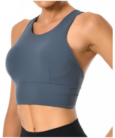 Women's Racerback Sports Bra Tank Top - Longline Crop with Medium Support and Padding Dark Denim $17.39 Tanks