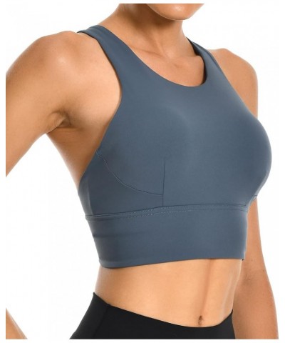 Women's Racerback Sports Bra Tank Top - Longline Crop with Medium Support and Padding Dark Denim $17.39 Tanks