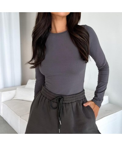 Women Y2k Skinny Long Sleeve Shirts Crewneck Slim Fitted Crop Top Solid Going Out Streetwear Tees 05-casual Grey $9.87 T-Shirts