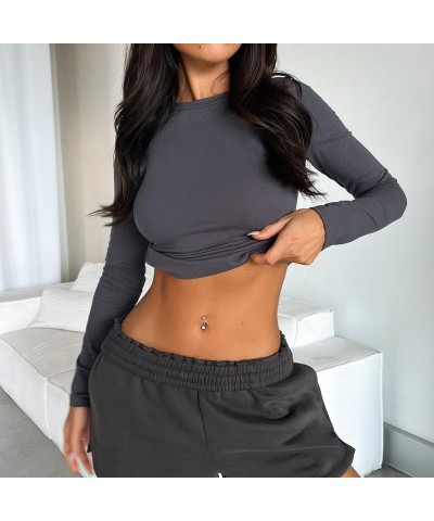 Women Y2k Skinny Long Sleeve Shirts Crewneck Slim Fitted Crop Top Solid Going Out Streetwear Tees 05-casual Grey $9.87 T-Shirts