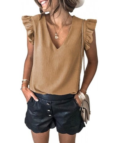 Womens 2024 Cute V Neck Ruffle Sleeveless Shirts Elegant Tank Tops Blouses Khaki $10.41 Tanks