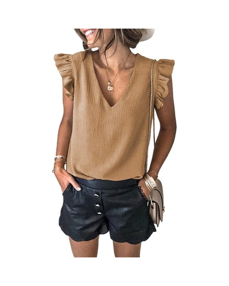 Womens 2024 Cute V Neck Ruffle Sleeveless Shirts Elegant Tank Tops Blouses Khaki $10.41 Tanks