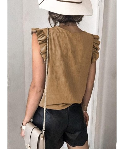 Womens 2024 Cute V Neck Ruffle Sleeveless Shirts Elegant Tank Tops Blouses Khaki $10.41 Tanks