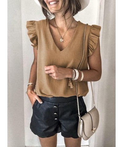 Womens 2024 Cute V Neck Ruffle Sleeveless Shirts Elegant Tank Tops Blouses Khaki $10.41 Tanks