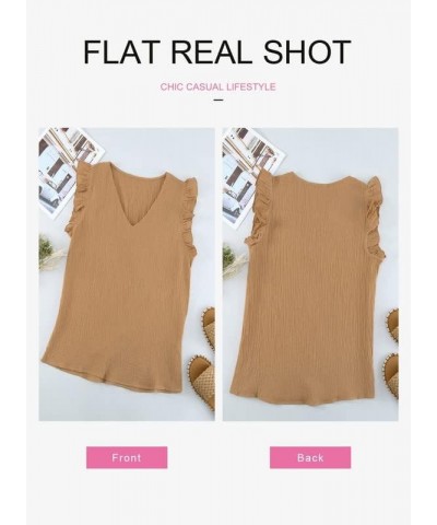 Womens 2024 Cute V Neck Ruffle Sleeveless Shirts Elegant Tank Tops Blouses Khaki $10.41 Tanks