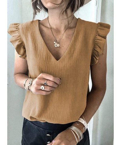 Womens 2024 Cute V Neck Ruffle Sleeveless Shirts Elegant Tank Tops Blouses Khaki $10.41 Tanks