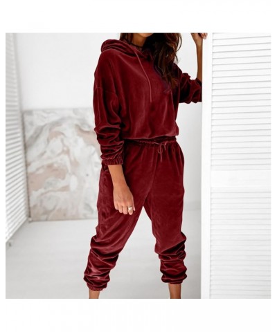 Sweatshirts for Women Two Piece Set Fall Casual Drop Shoulder Sleeve Hoodies and Drawstring Pants Velour Tracksuits ☽01_wine ...